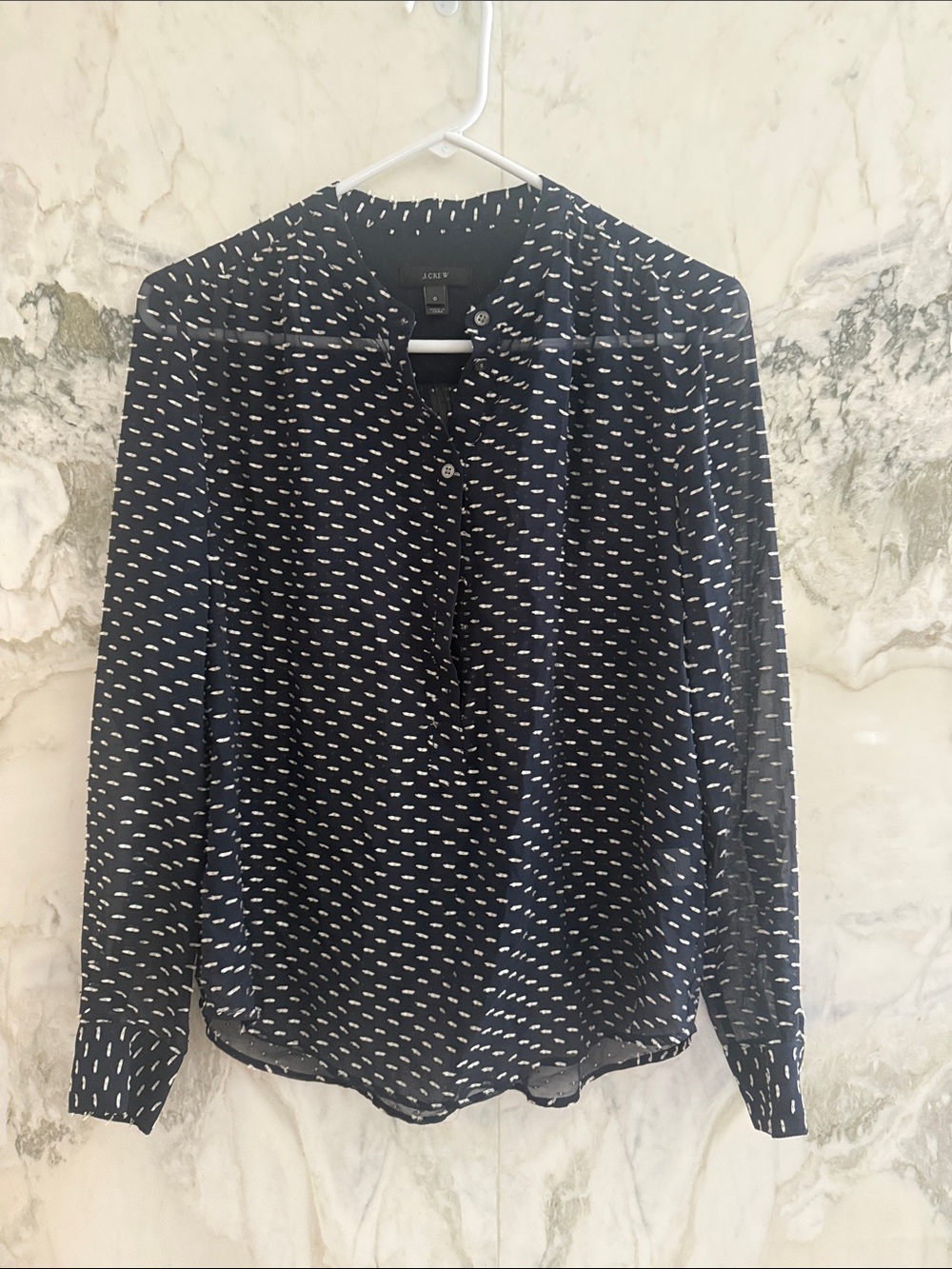 J. Crew Navy and White Dot-Pattern V-Neck Blouse